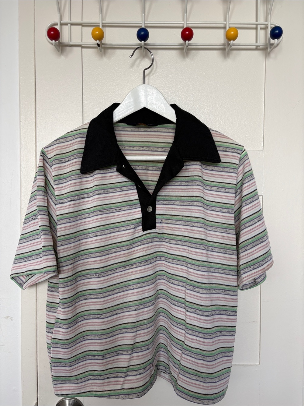Striped Short-Sleeve Polo with Black Contrast Collar